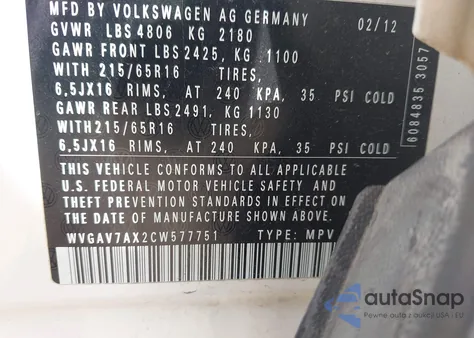 2012 Volkswagen Tiguan Le from USA, damaged, VIN WVGAV7AX2CW577751